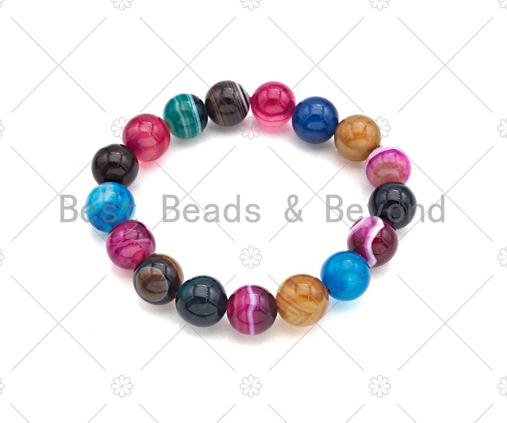 High Quality Natural Colorful Banded Agate Stretchy Bracelet, 8mm/10mm/12mm Elastic Fit Round Smooth Bracelet, 7.5'' Bracelet, Sku#EF11