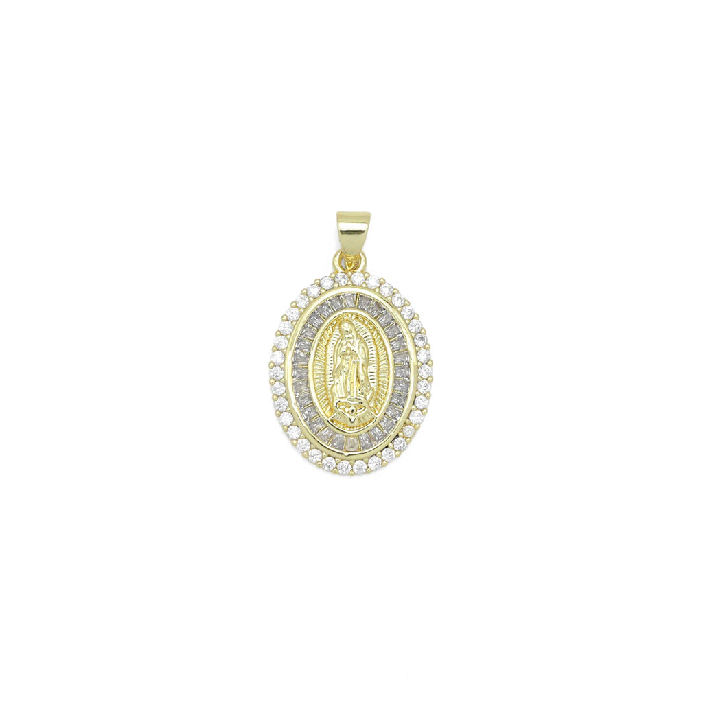 Clear Baguette CZ Gold Virgin Mary On Oval Charm Pendant, Sku#LX776