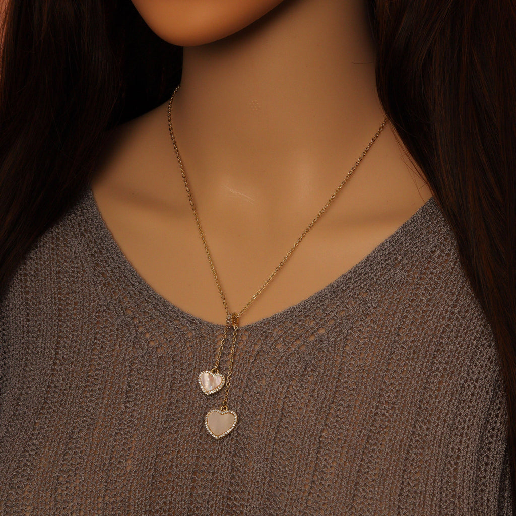 Gold Chain Red Heart White Mop Heart Pendant Necklace, Sku#E