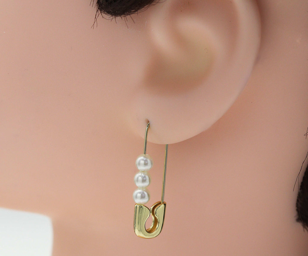 Gold Safety Pin with Pearl Huggie Earrings, Sku#LX39