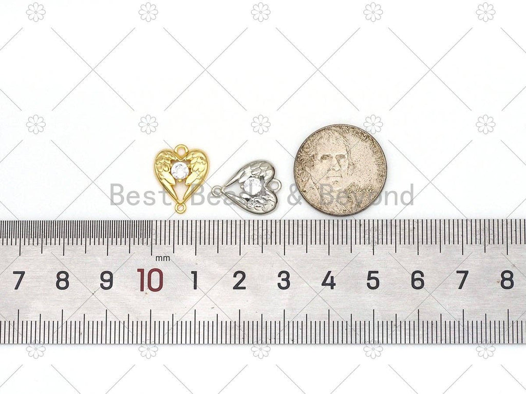 Angel Wing Heart with Big Clear CZ Shape Connector, Gold/Silver Heart Charm,Necklace Bracelet Charm Connector,13x16mm, Sku#Y514