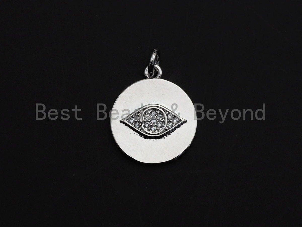 Clear CZ Micro Pave Evil Eye on Disc Coin Pendant/Charm,Evil Eye Cubic Zirconia Pendant, Silver/Gold Tone,14x17mm,Sku#Z440