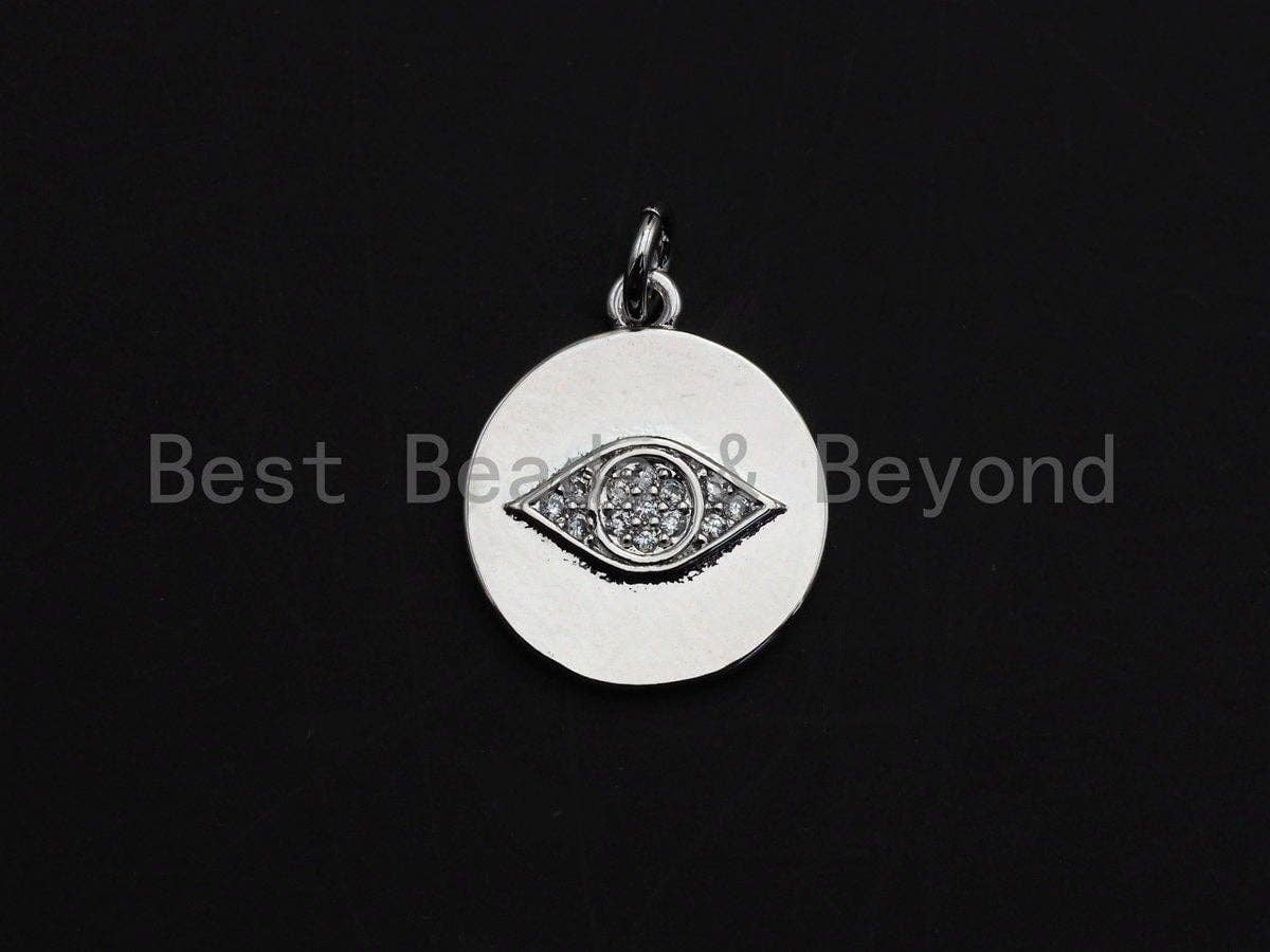 Clear CZ Micro Pave Evil Eye on Disc Coin Pendant/Charm,Evil Eye Cubic Zirconia Pendant, Silver/Gold Tone,14x17mm,Sku#Z440
