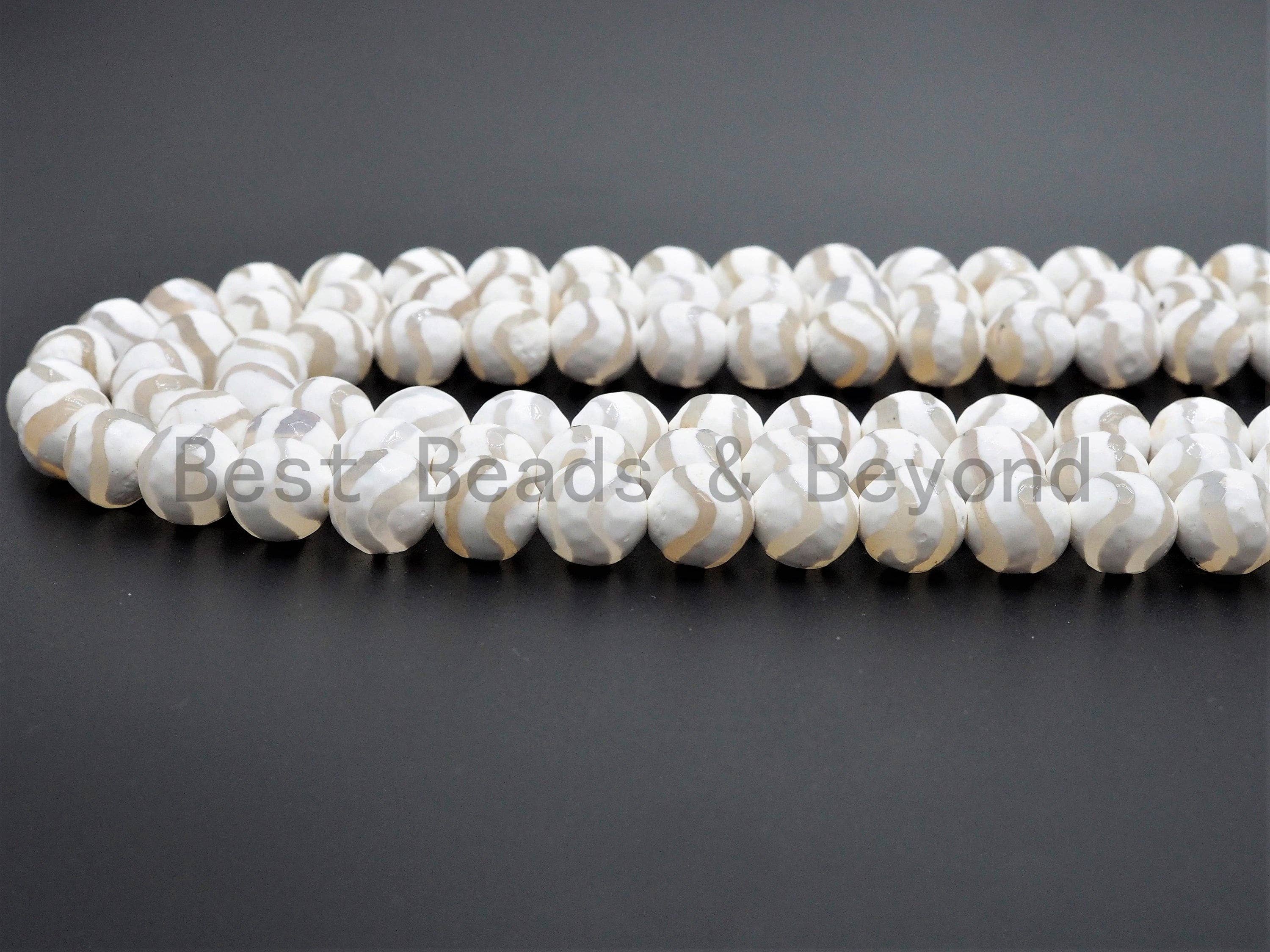 Quality Dzi White Agate beads, Round Faceted Wavy Lines, 6mm/8mm/10mm/12mm, Tibetan beads, White Lace Agate Beads, 15.5inch strand, SKU#U402