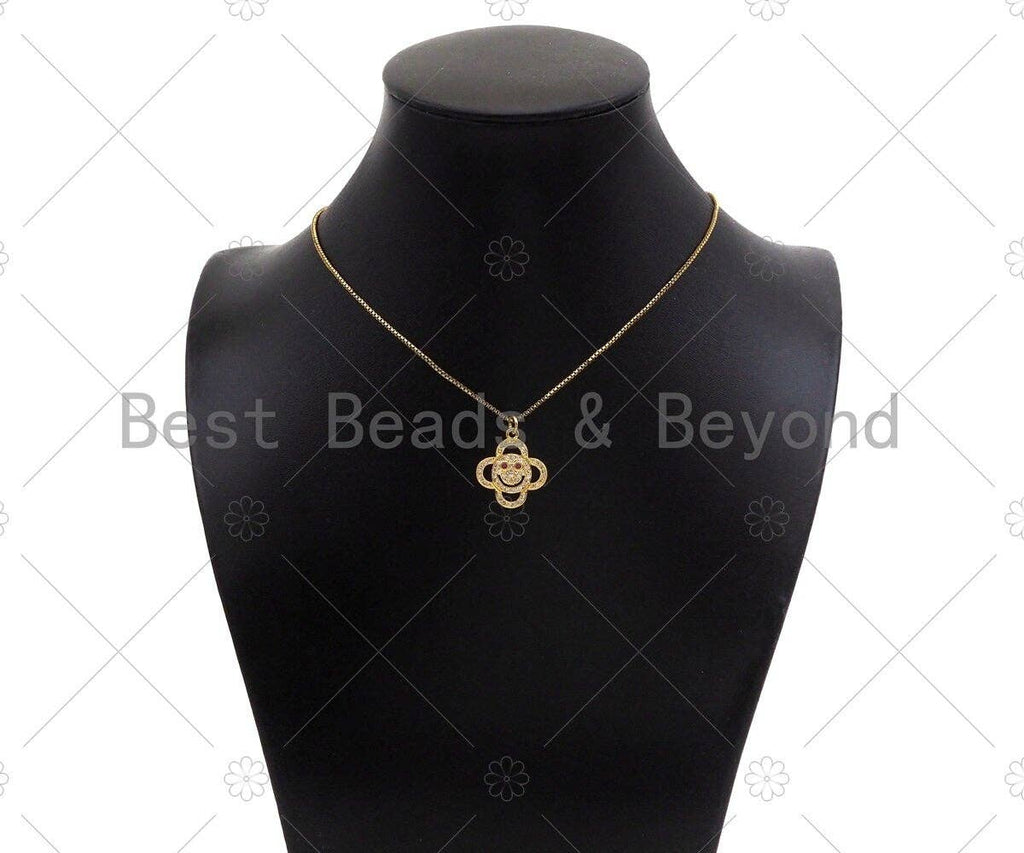 CZ Micro Pave Smiley Face with Fuchsia Eye On Clover Shape Pendant, 18K Gold Charm, Necklace Bracelet Charm Pendant,18x21mm,Sku#LK306