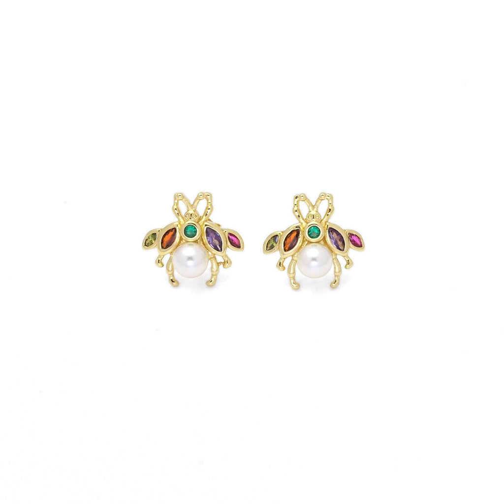 Multicolor CZ Pearl Bee Stud Earrings, Sku#LK863