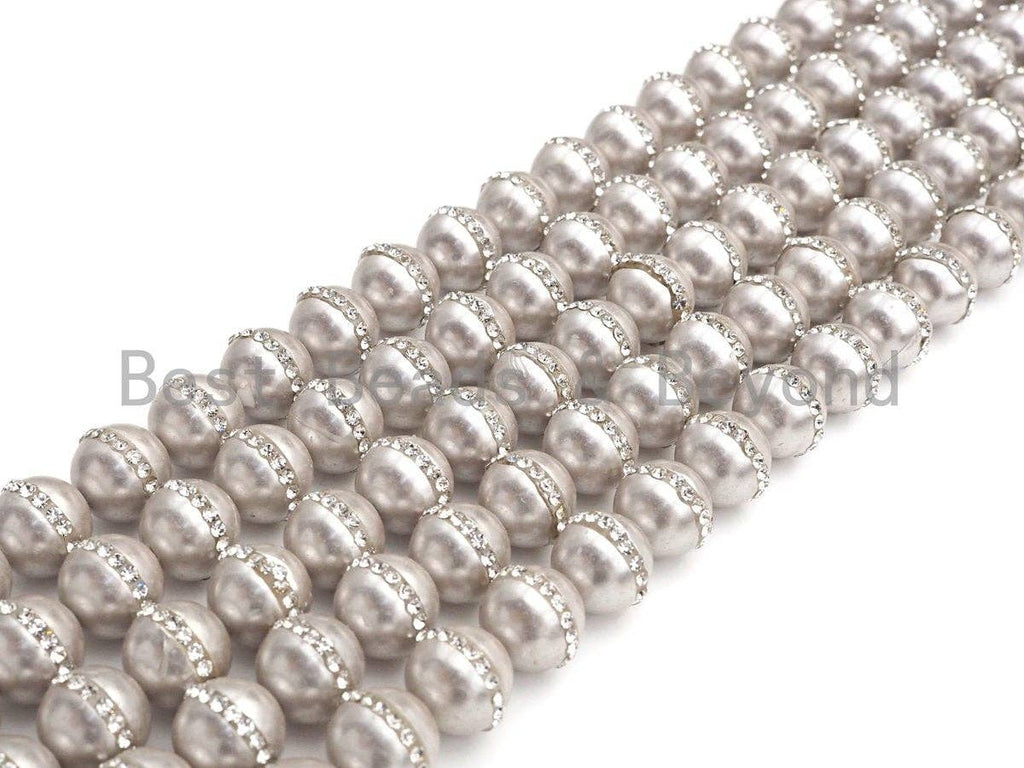 6mm/8mm/10mm/12mm SLIVER GRAY Pearl with Rhinestone Inlaid, Silver Gray Round Mother of Pearl Beads, 15.5'' Full strand, Sku#V61