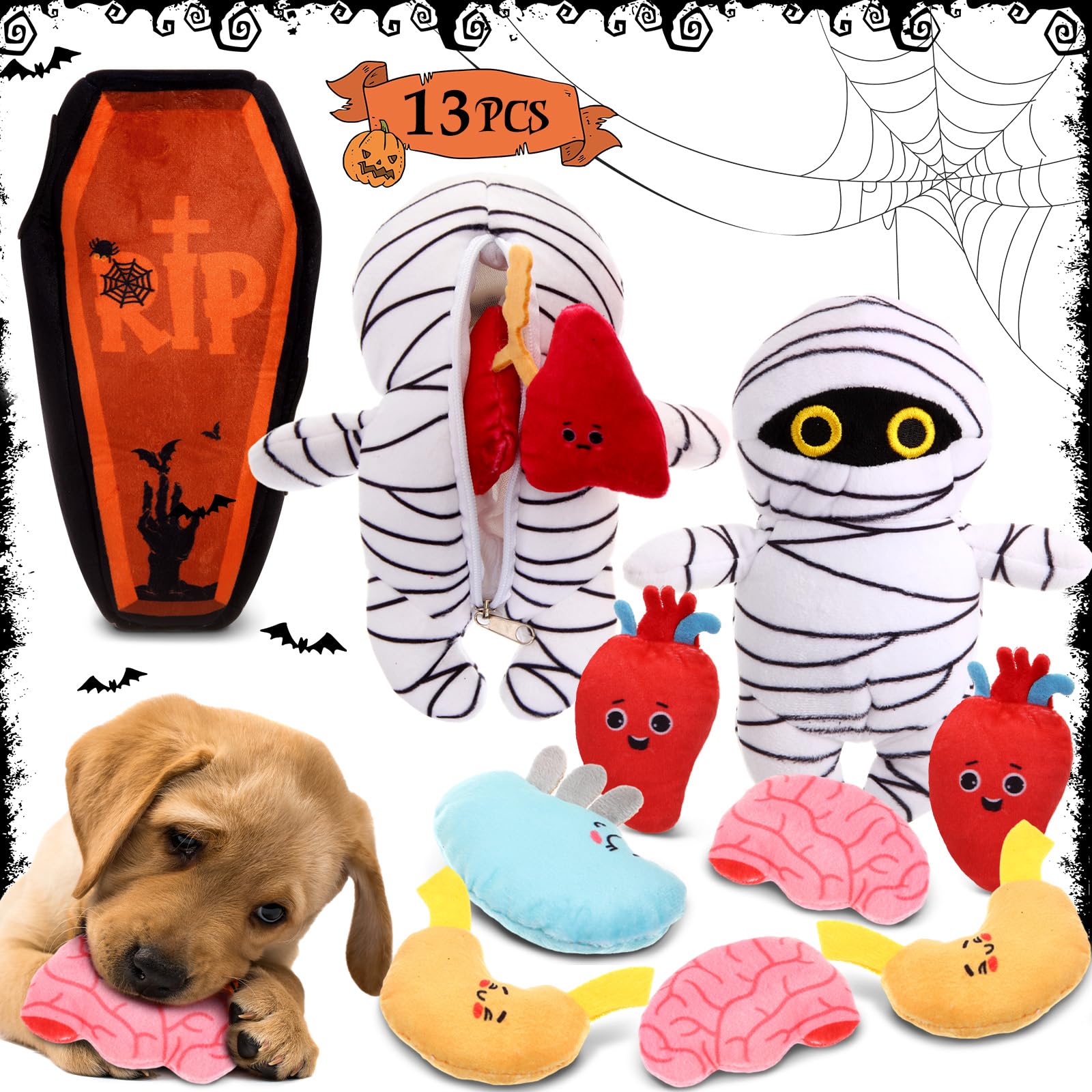 Glimin 13 Pièces Jouets d'Halloween pour Chiens Cache-cache Cercueil Momie avec Organes Jouets Interactifs pour Chiens d'Halloween Jouets pour Chiens en Peluche pour Halloween Jouets Sonores pour Chiens pour Décoration d'Halloween Dressage Canin