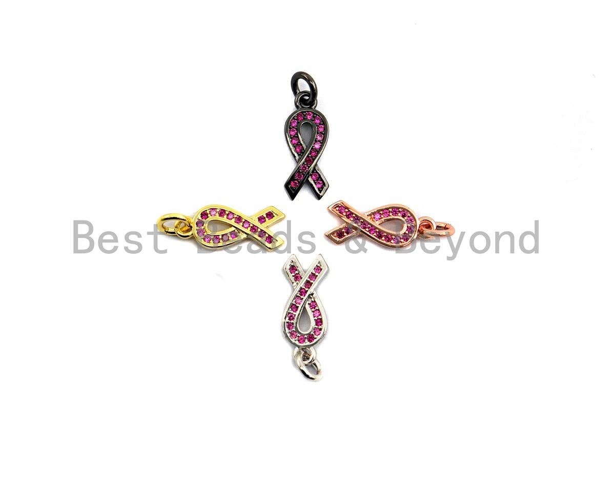 Fuchsia CZ Micro Pave Breast Cancer Awareness Ribbon Pendant/Charm, Bracelet Necklace Cubic Zirconia  AIDS Care Charm, 6x16mm,sku#X111