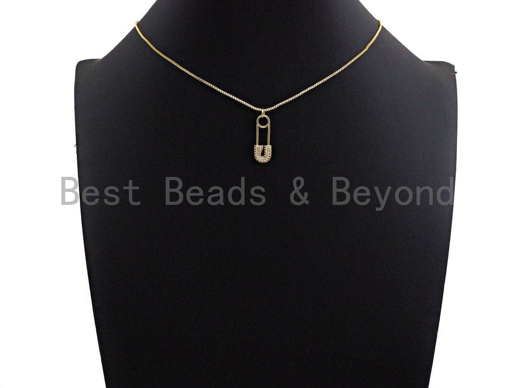 CZ Micro Pave Safety Pin Pendant, Cubic Zirconia Pendant Charm, Gold/Silver/Black, 8x25mm, SKU#Y239