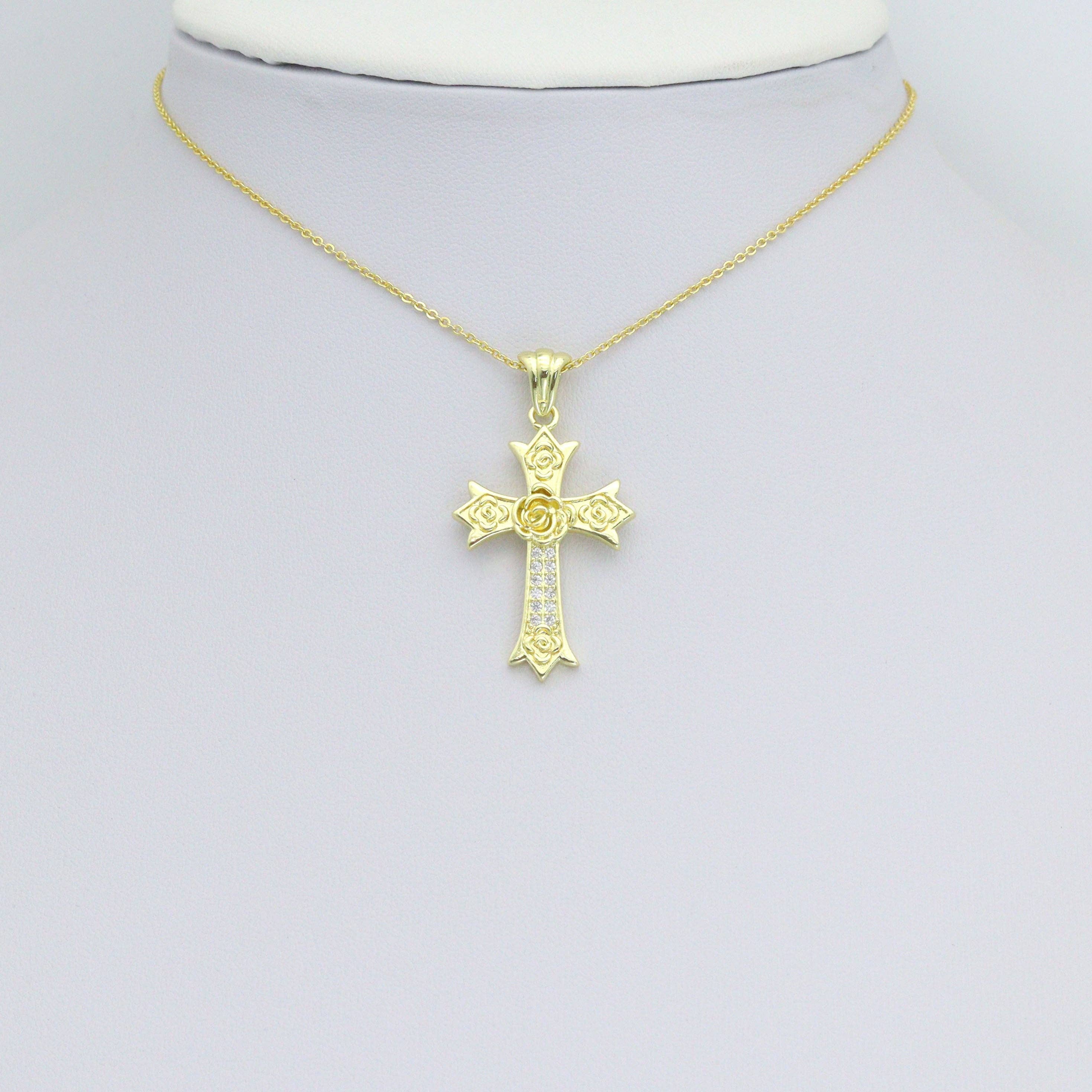 CZ Gold Flower On Cross Charm Pendant, Sku#LK1195