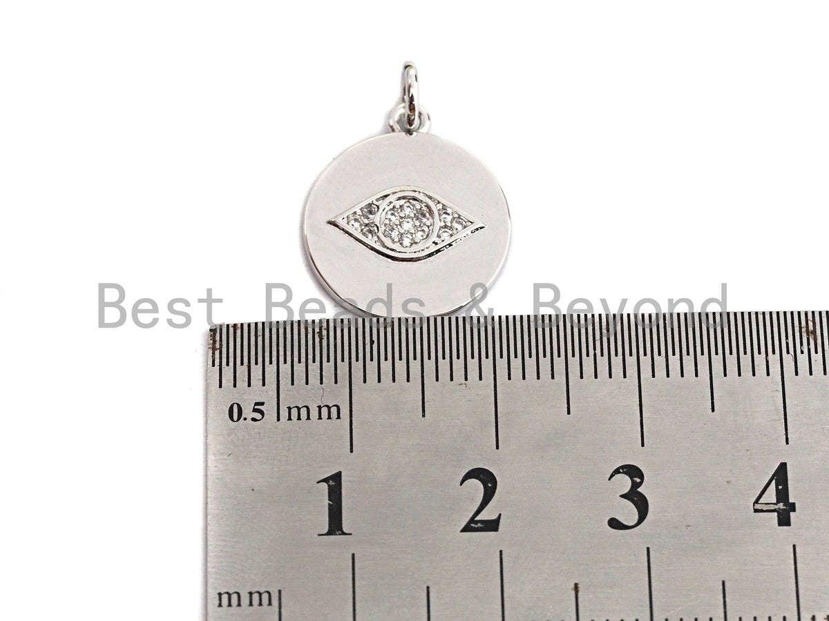 Clear CZ Micro Pave Evil Eye on Disc Coin Pendant/Charm,Evil Eye Cubic Zirconia Pendant, Silver/Gold Tone,14x17mm,Sku#Z440