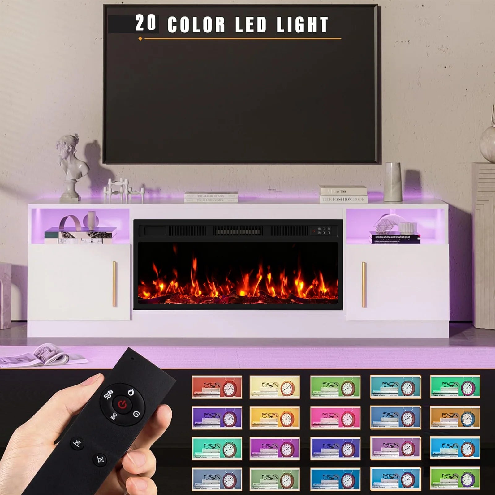70Inch Cable Management Television Stand with Electric Fireplace, Wood White