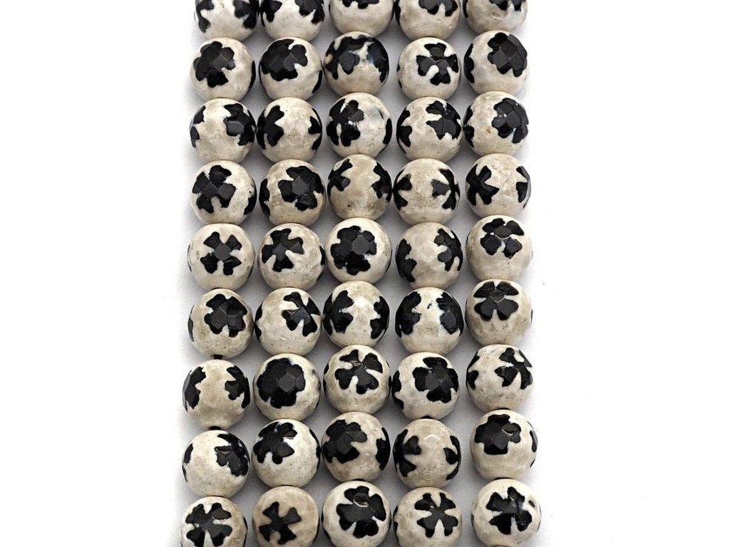 Quality Dzi Black White Aage with Flower Patten Beads, Round Faceted Tibetan Agate, 10mm beads, 15.5inch strand, SKU#U558