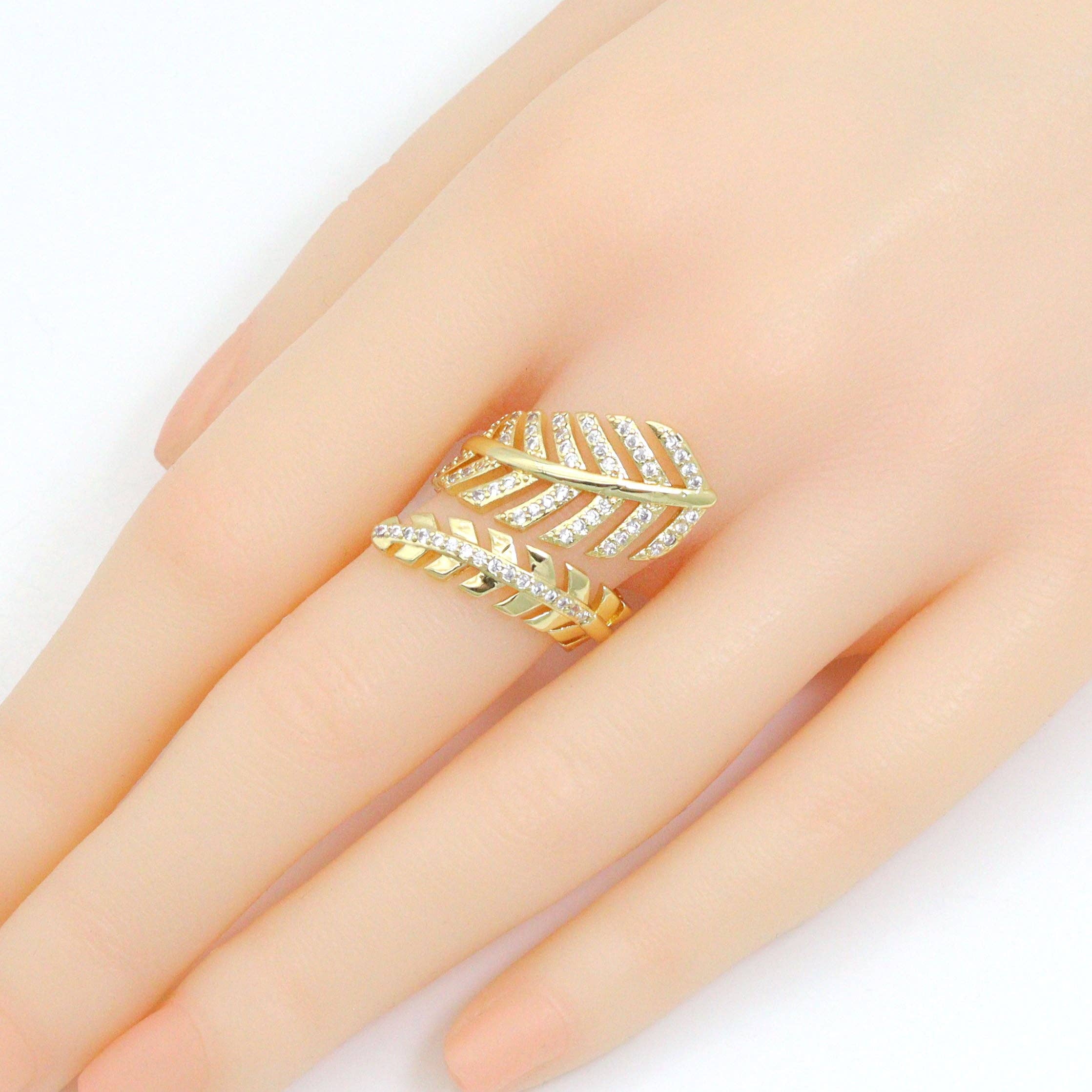 Clear CZ Leaf Multiline Wrap Statement Adjustable Ring, Sku#LD734