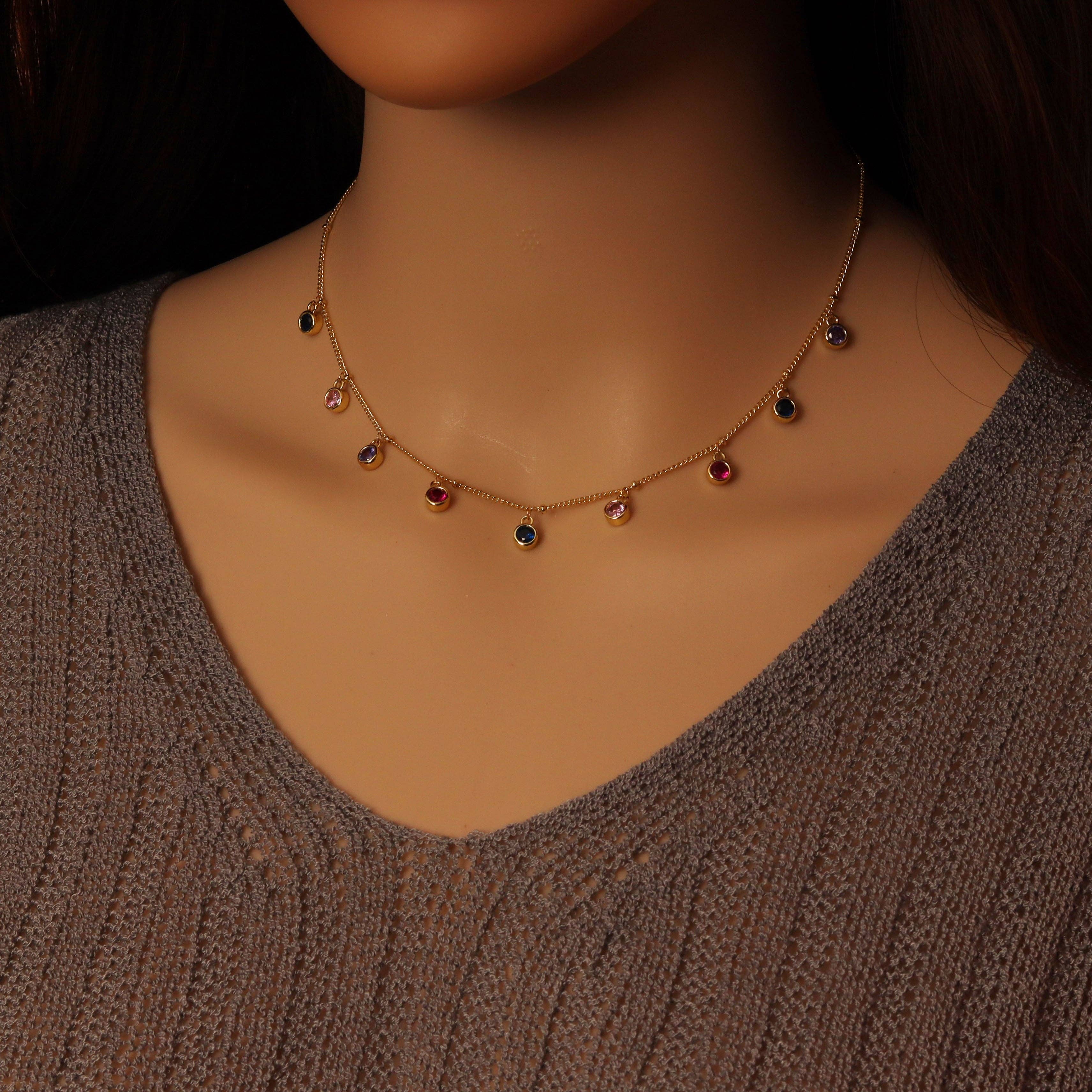 Colorful Round CZ Chain Adjustable Necklace, Sku#EF536