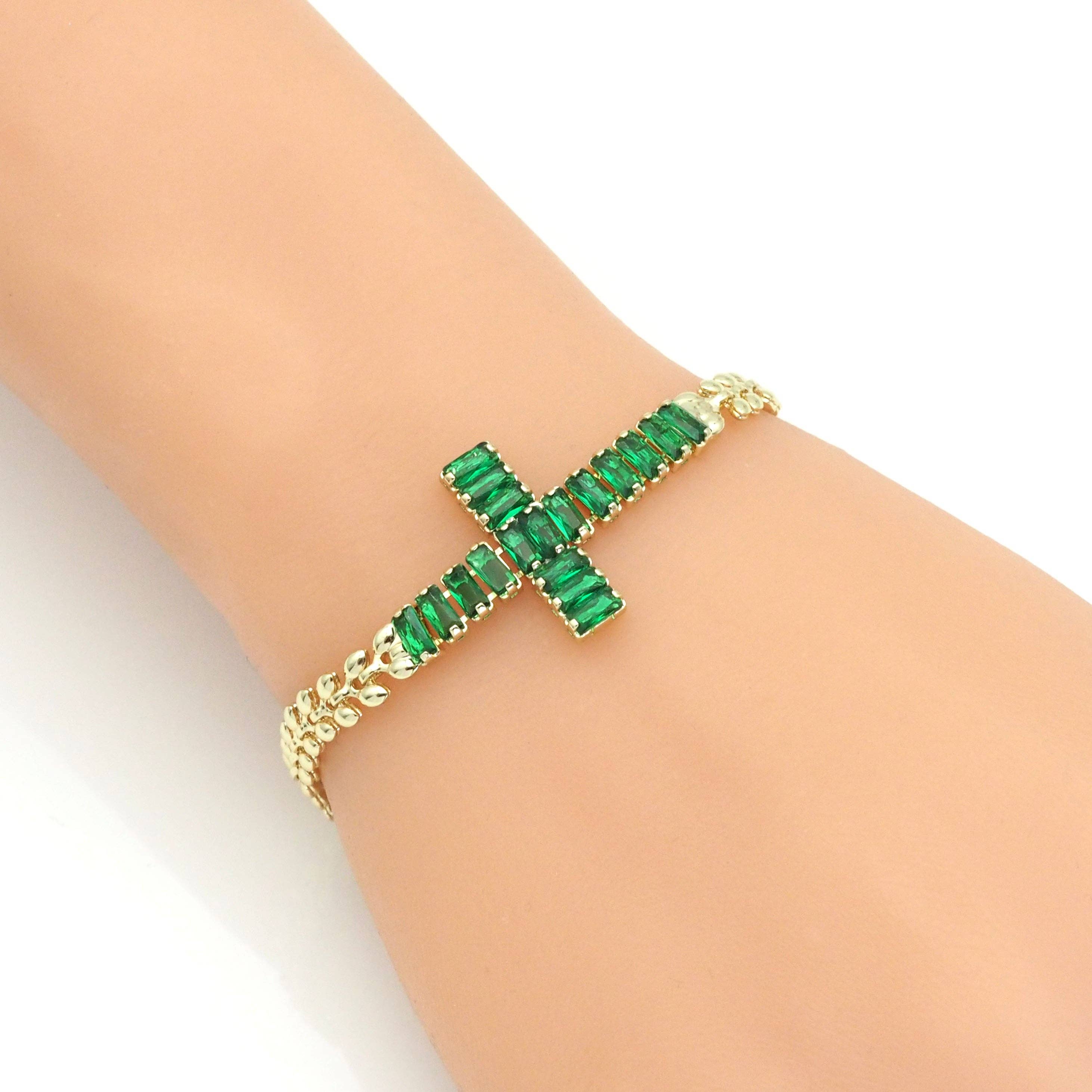 Clear Green CZ Cross Gold Adjustable Bracelet, Sku#B367
