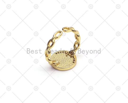 CZ Micro Pave Cresent Moon Star On Enamel Round Coin Adjustable Ring, 18K Gold Filled Oval Link Open Ring, Statement Ring, Sku#JD15
