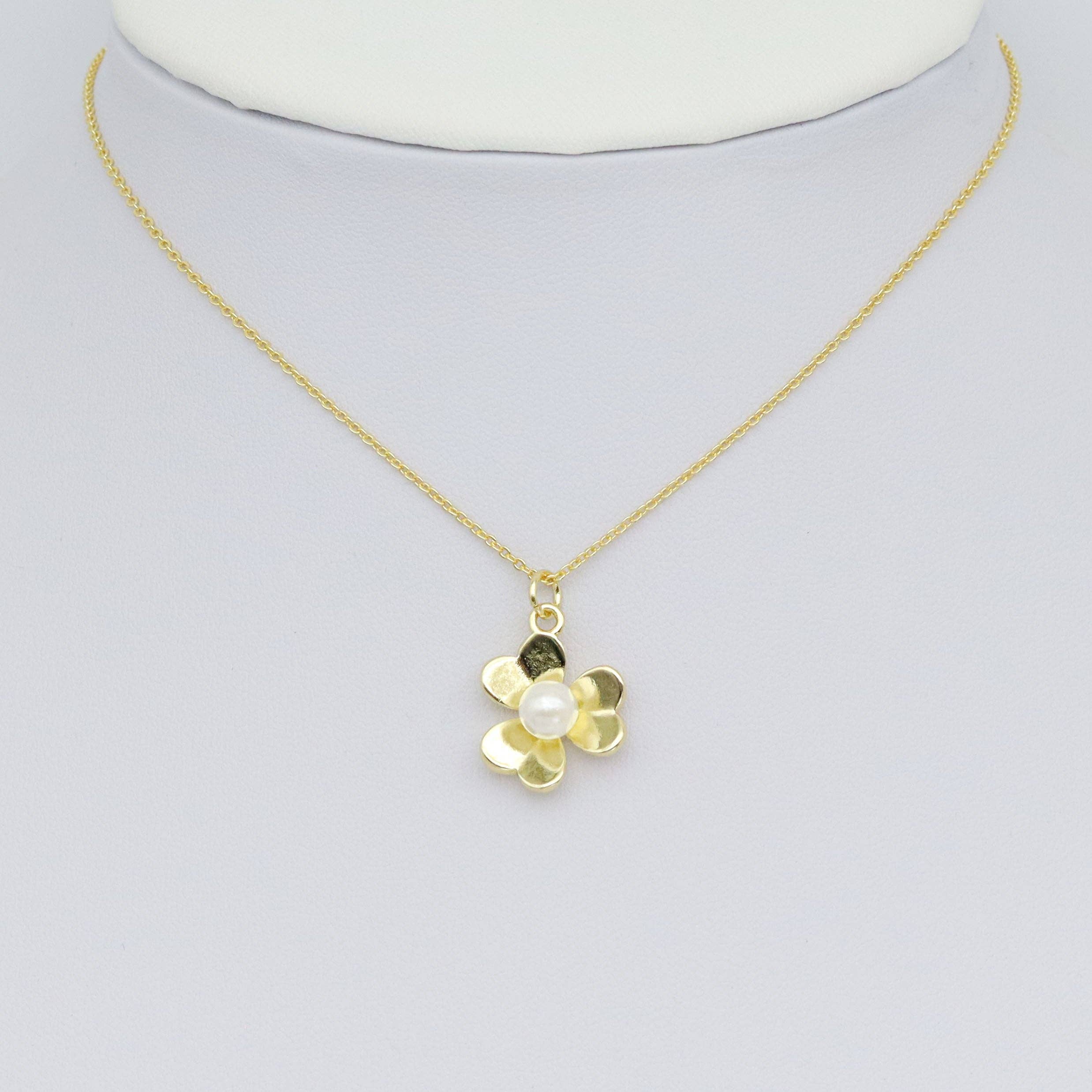 Gold White Pearl Flower Charm Pendant, Sku#LK1030