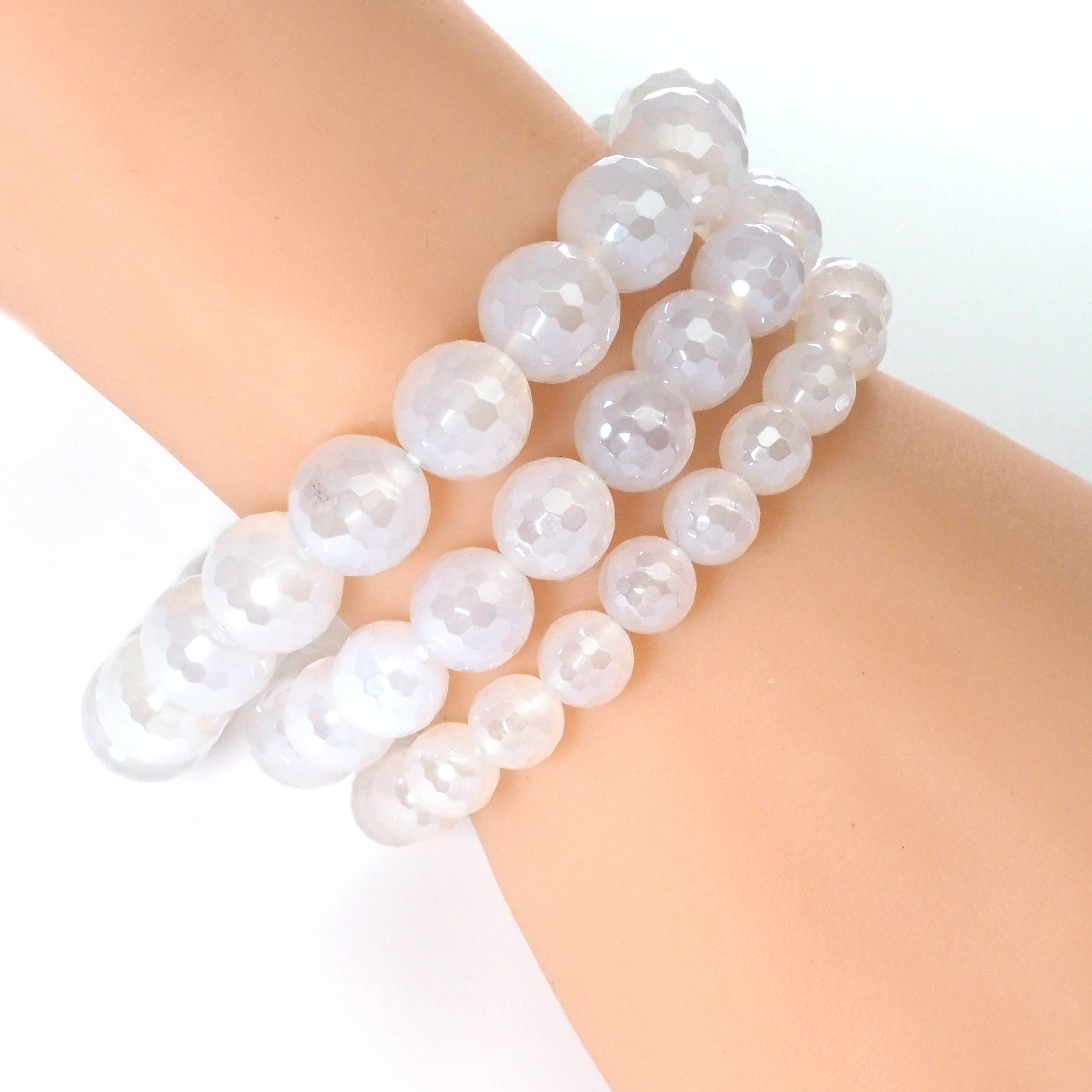 Mystic White Agate Round Faceted Stretchy Bracelet Sku#EF303