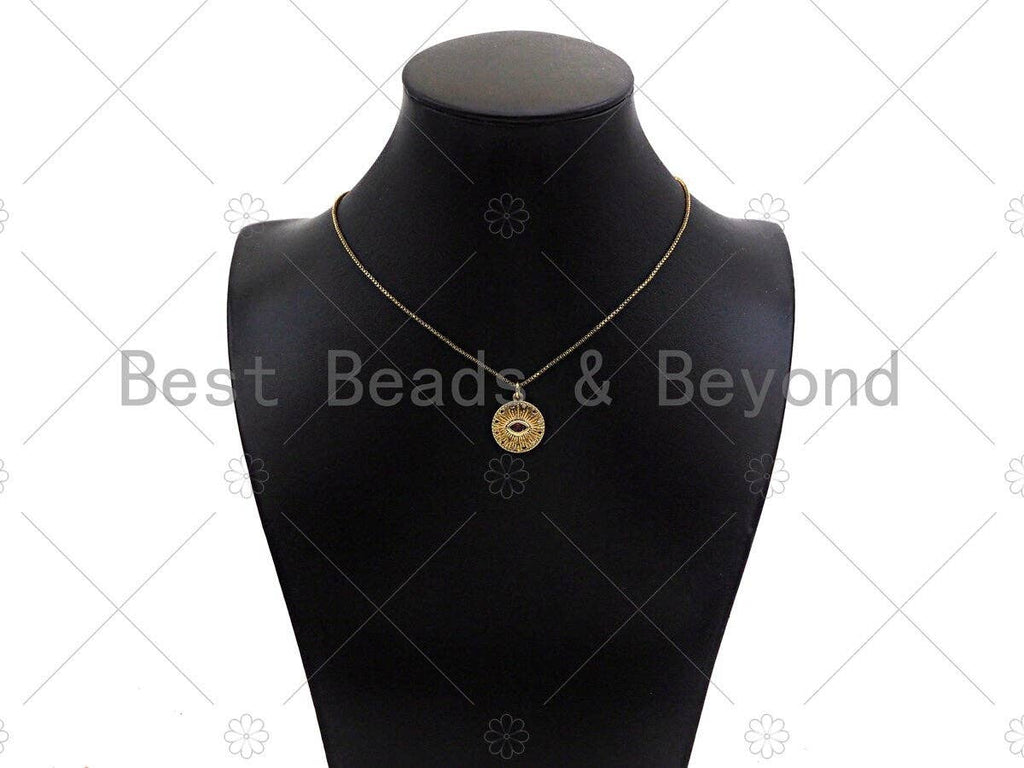 Gold Filled CZ Micro Pave Fuchsia Evil Eye On Round Coin Shape Pendant, 18K Gold Filled Charm, Necklace Bracelet Pendant, 16x18mm, Sku#Y437