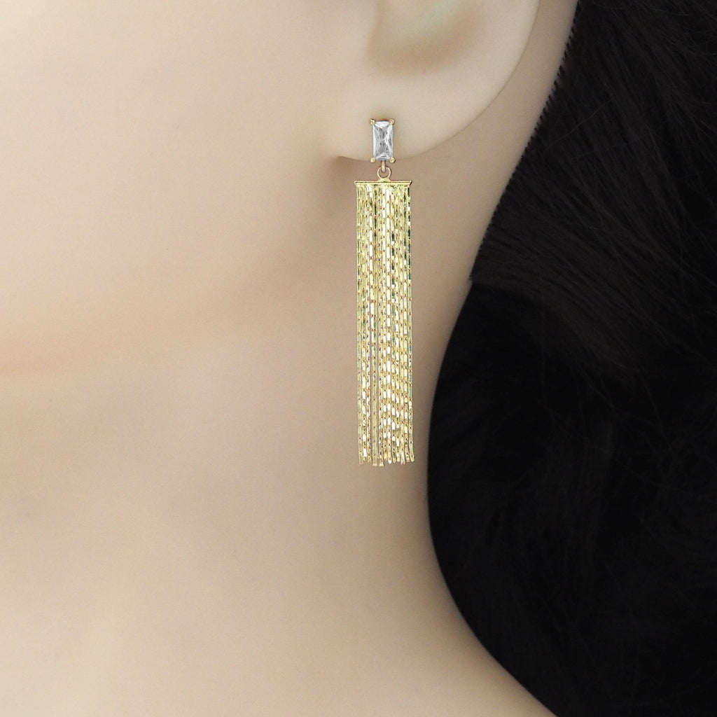 CZ Link Gold Tassel Earrings, Sku#EF472
