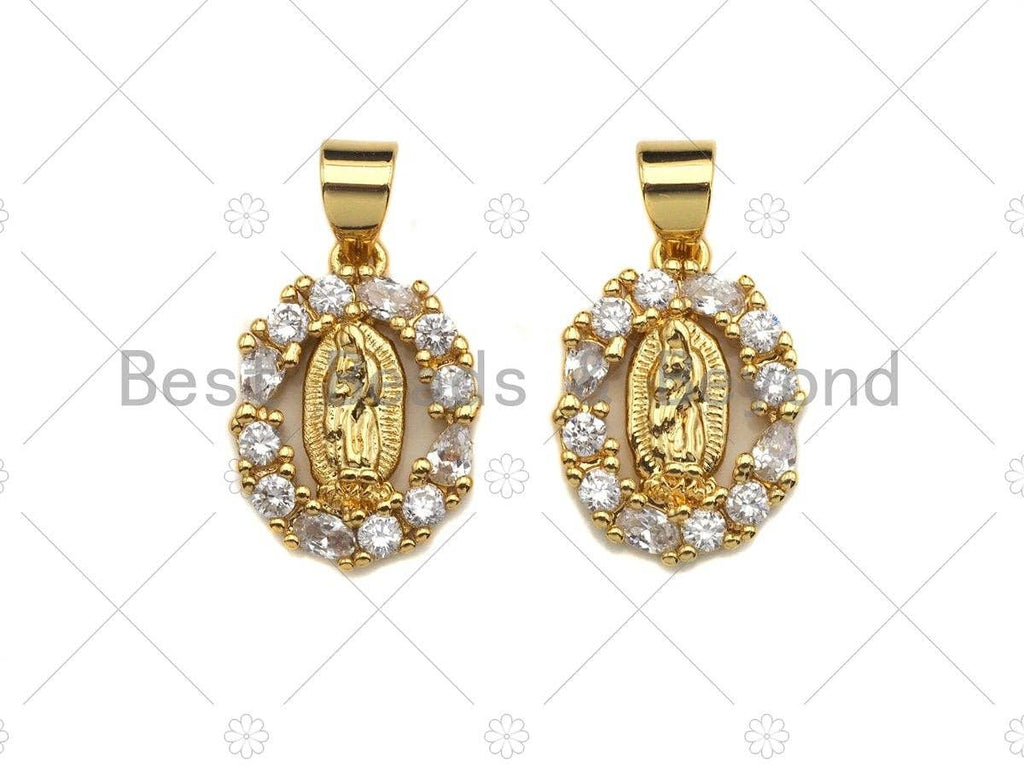 18K Gold Virgin Mary On Oval Emblem Shape Pendant, Oval Charm,  Sku#F1150C