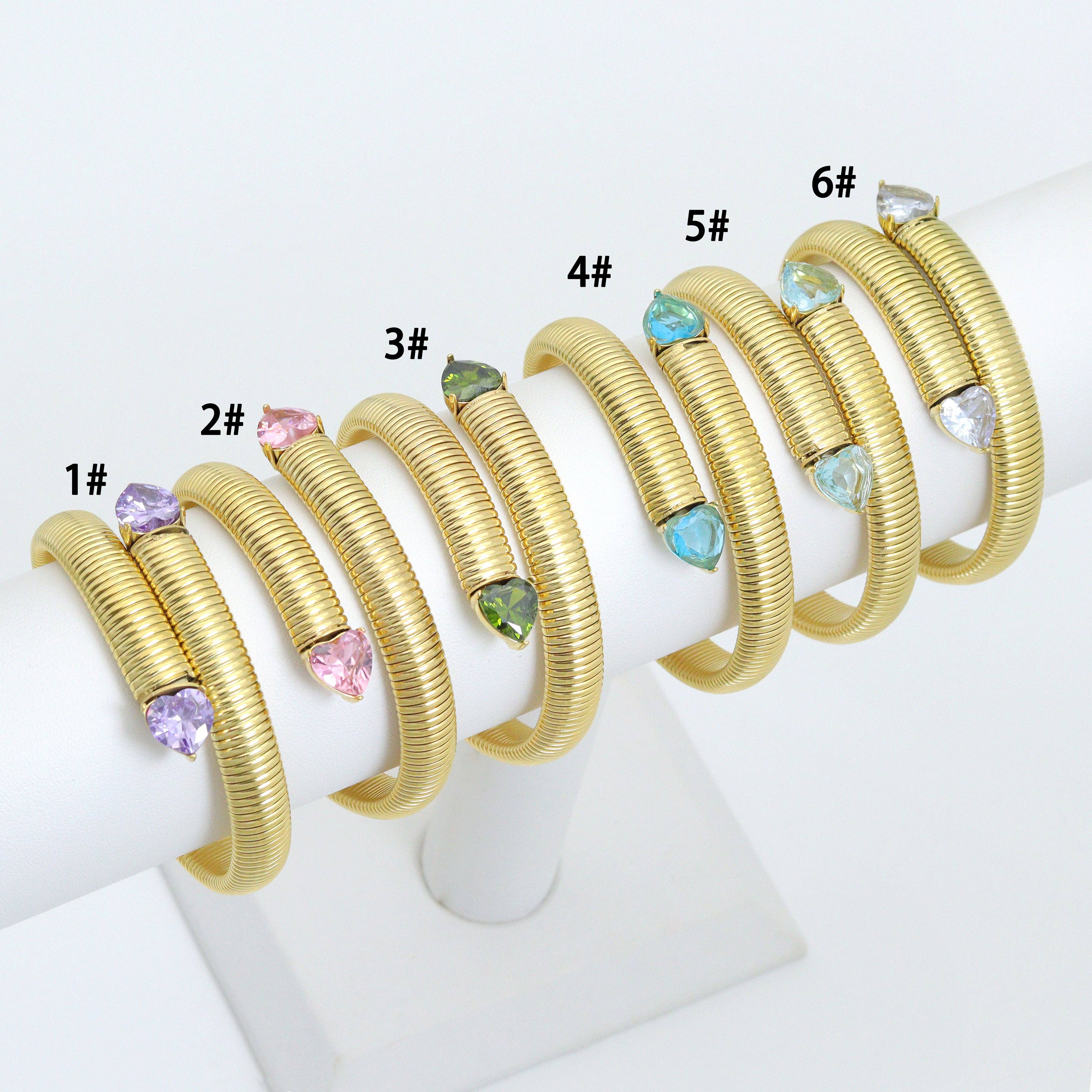 Colorful Heart CZ Tip Gold Snake Bangle Adjustable Bracelet, Sku#O129