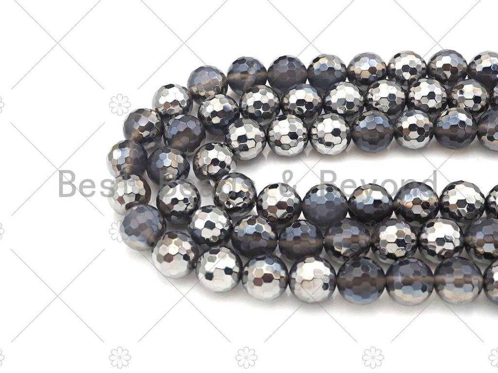 Half Silver Plated Grey Agate Beads, 10mm/12mm Round Faceted Gray Silver Beads, 15.5" Full Strand, sku#UA158