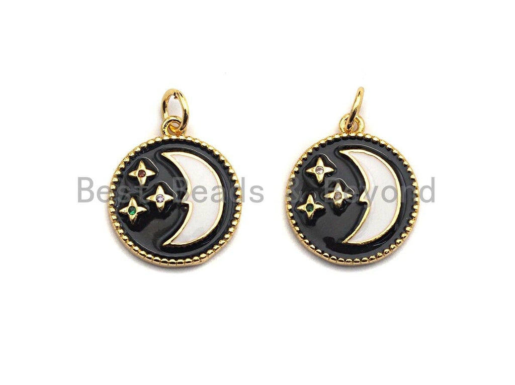 Black white Moon Star Enamel Round Disc Charm, Enamel Charm Pendant, Enamel Jewerly,  Moon star Jewerly, 15x17mm,sku#Z409