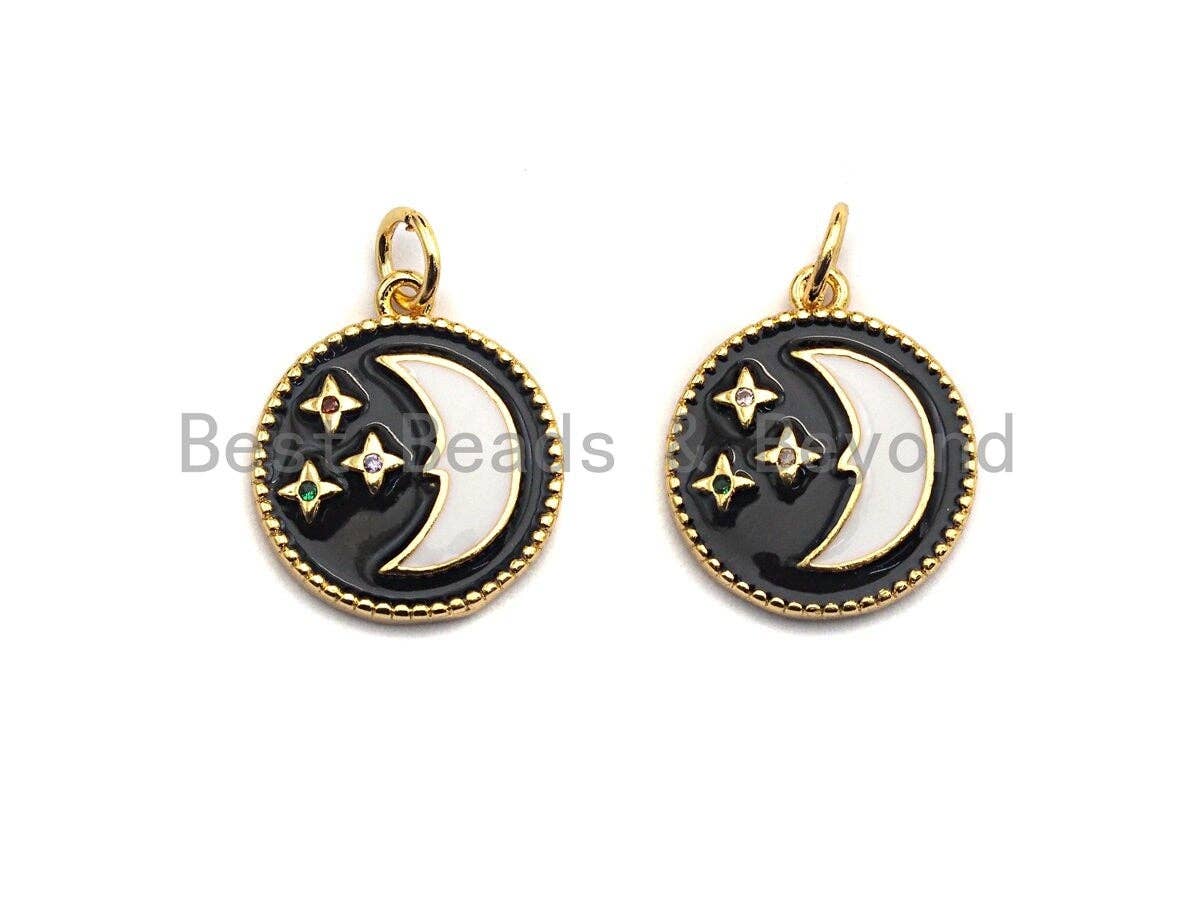 Black white Moon Star Enamel Round Disc Charm, Enamel Charm Pendant, Enamel Jewerly,  Moon star Jewerly, 15x17mm,sku#Z409