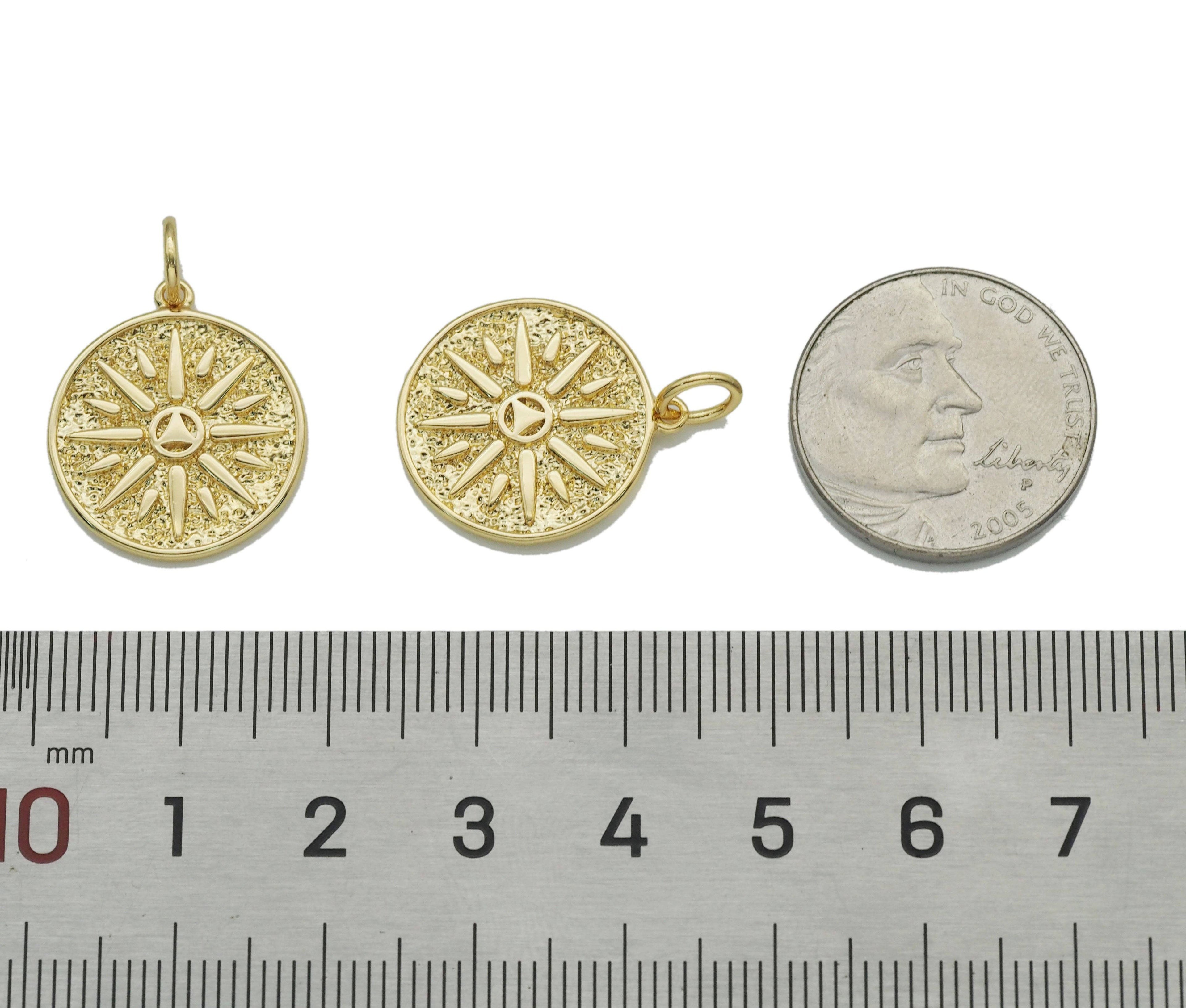 CZ Gold Flower Triangle Round Coin Charm, Sku#LX142