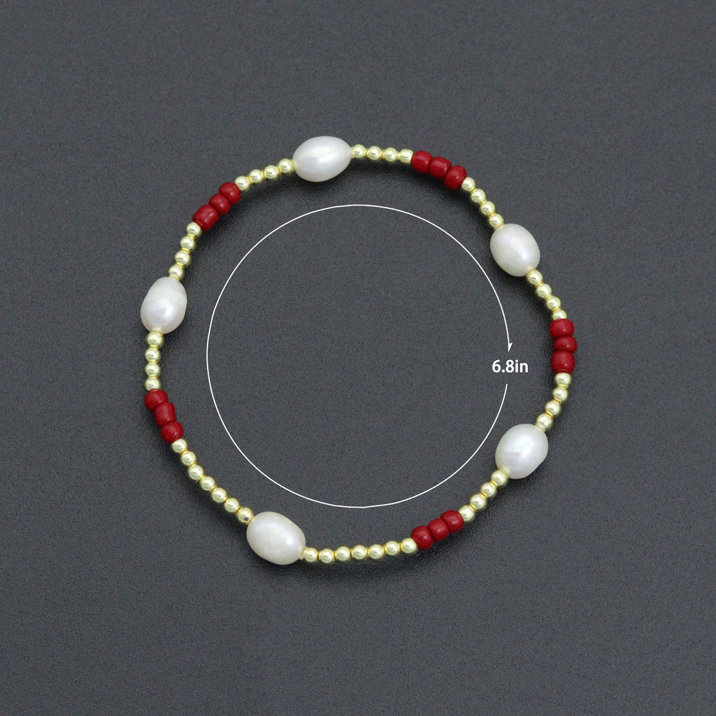 Freshwater Pearl with Red Coral Gold Hematite Stretchy Bracelet, Sku#EF679