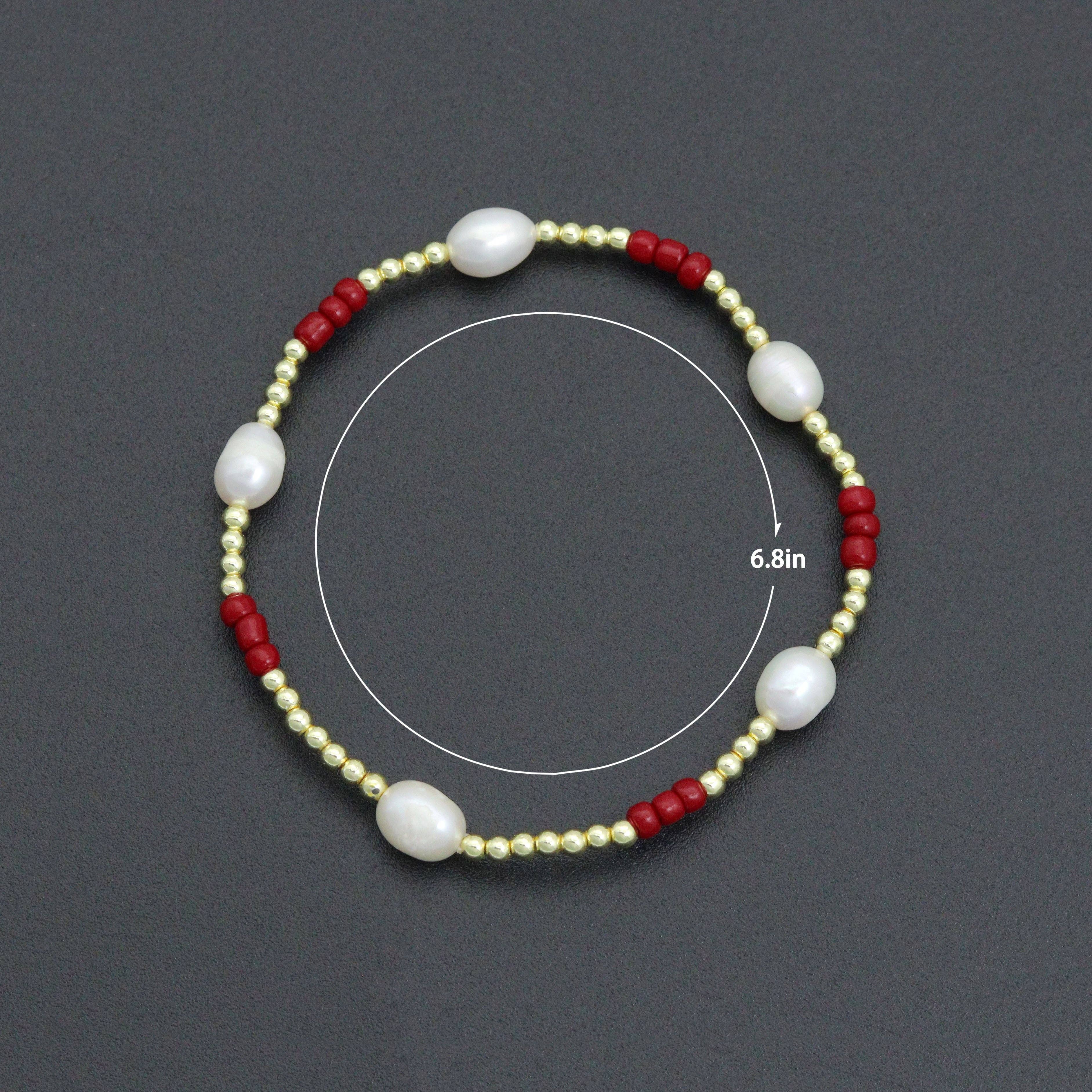 Freshwater Pearl with Red Coral Gold Hematite Stretchy Bracelet, Sku#EF679