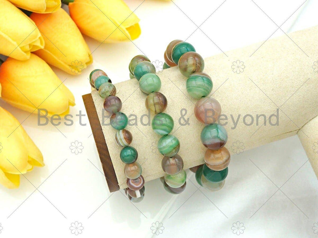 Natural Green Brown Banded Agate Stretchy Bracelet, Sku#EF25c