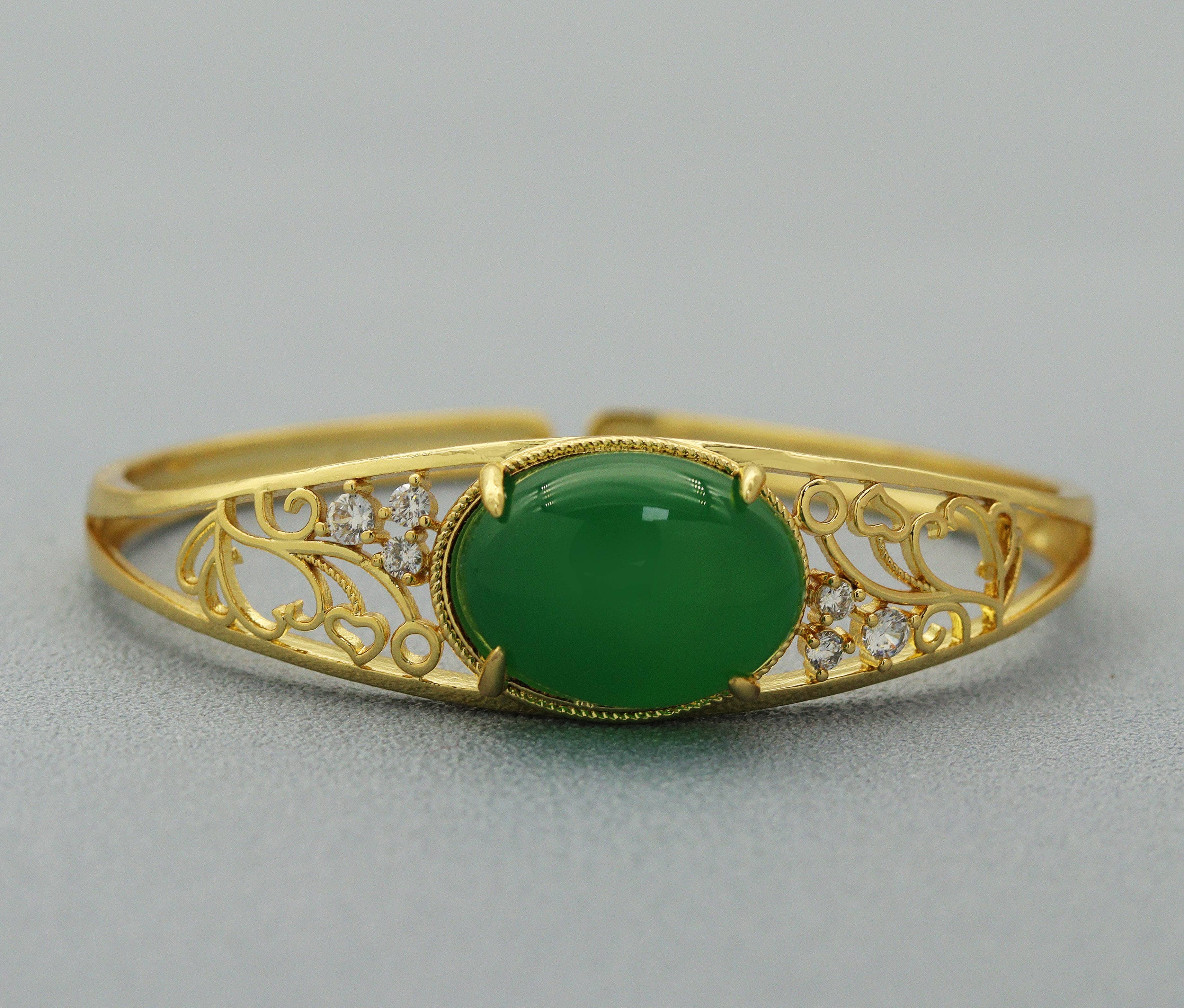 CZ Oval Jade Cuff Adjustable Bracelet, Sku#LX58