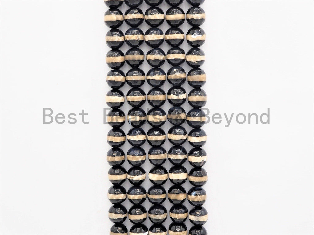 Dzi Black One Line Faceted Black Round Faceted Agate beads, Tibetan Black Agate beads, 6mm/8mm/10mm/12mm, 15.5inch strand, SKU#U405