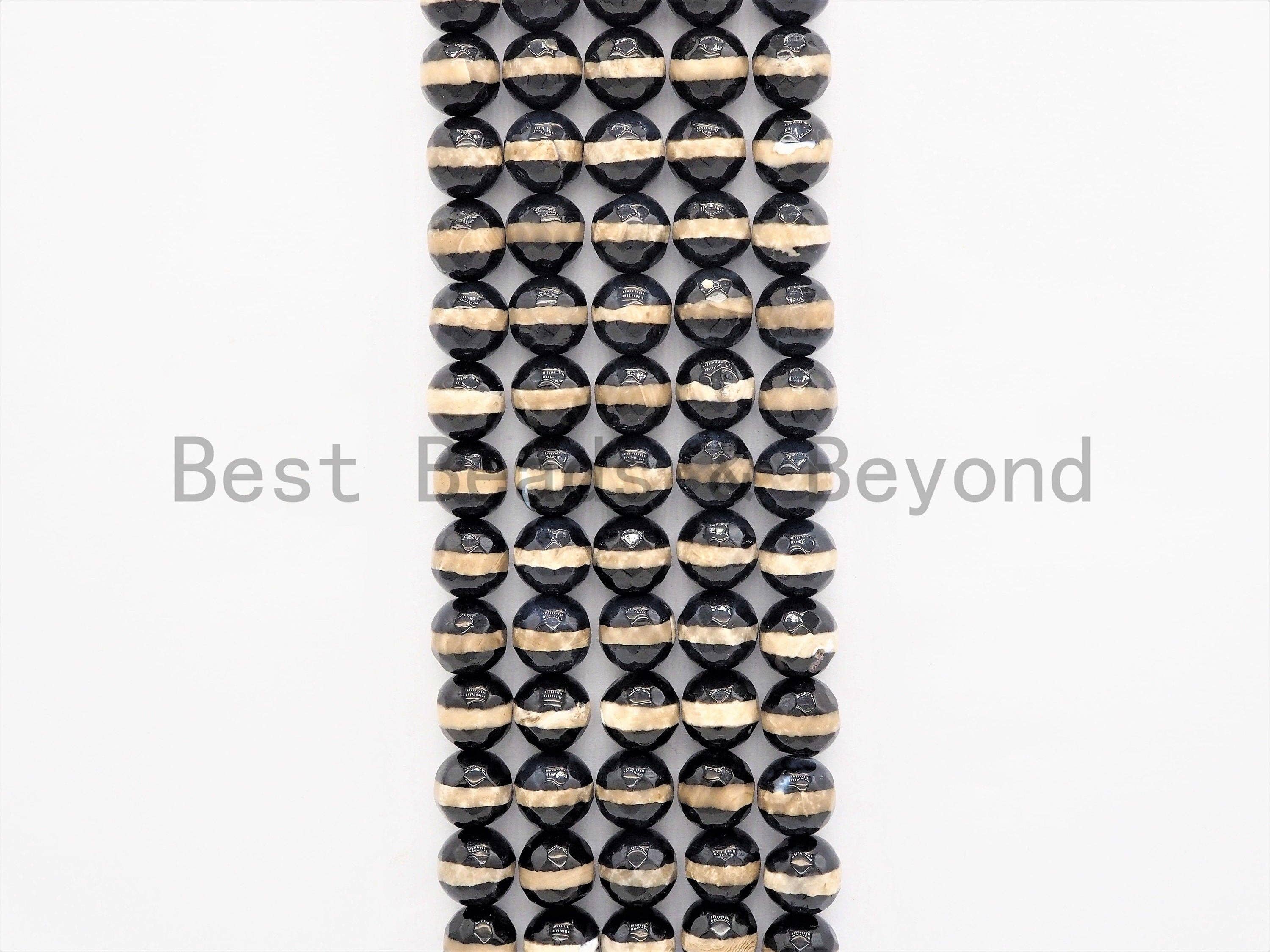 Dzi Black One Line Faceted Black Round Faceted Agate beads, Tibetan Black Agate beads, 6mm/8mm/10mm/12mm, 15.5inch strand, SKU#U405