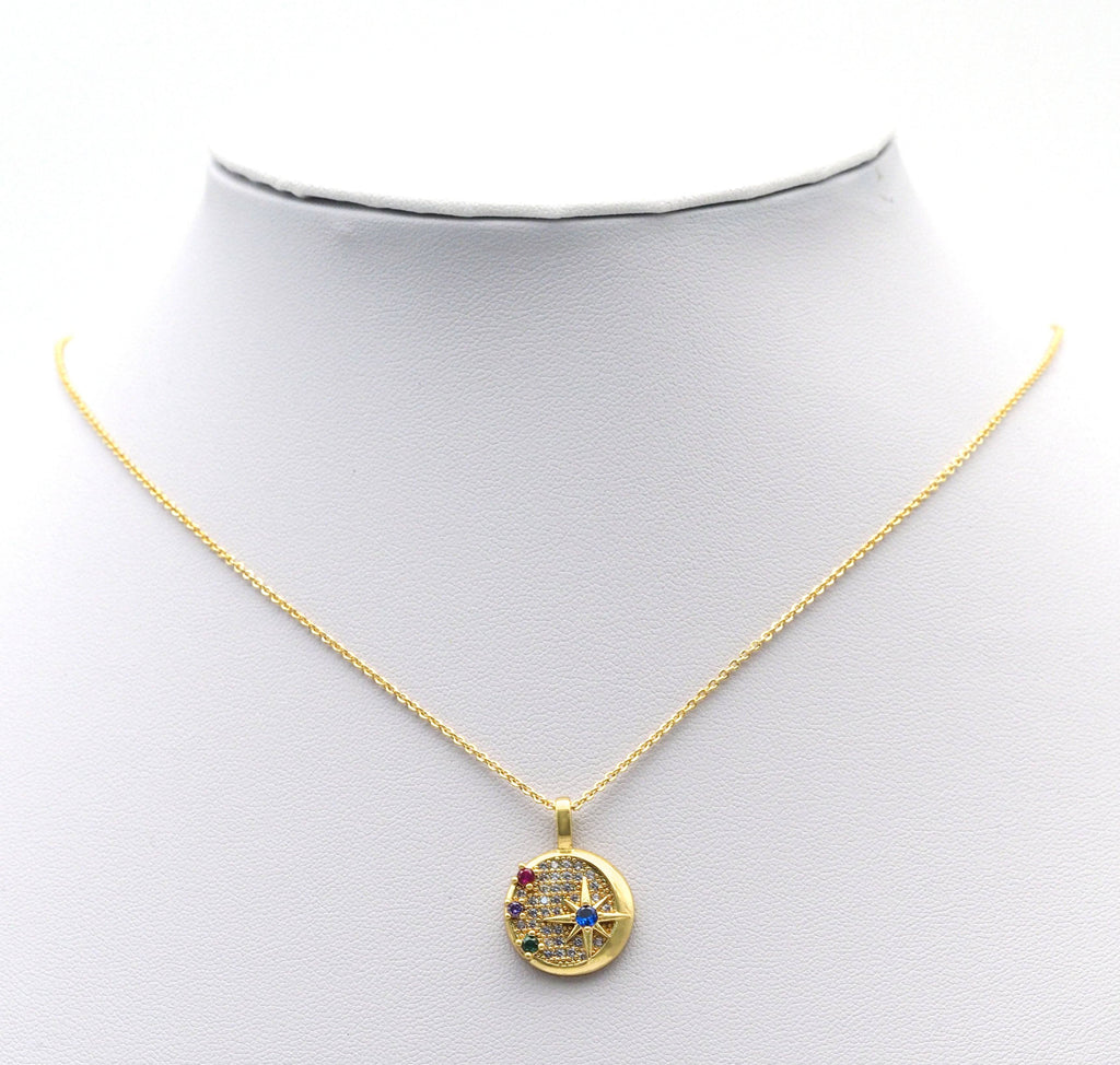 Colorful CZ Gold North Star On Round Coin Charm, Sku#Y755