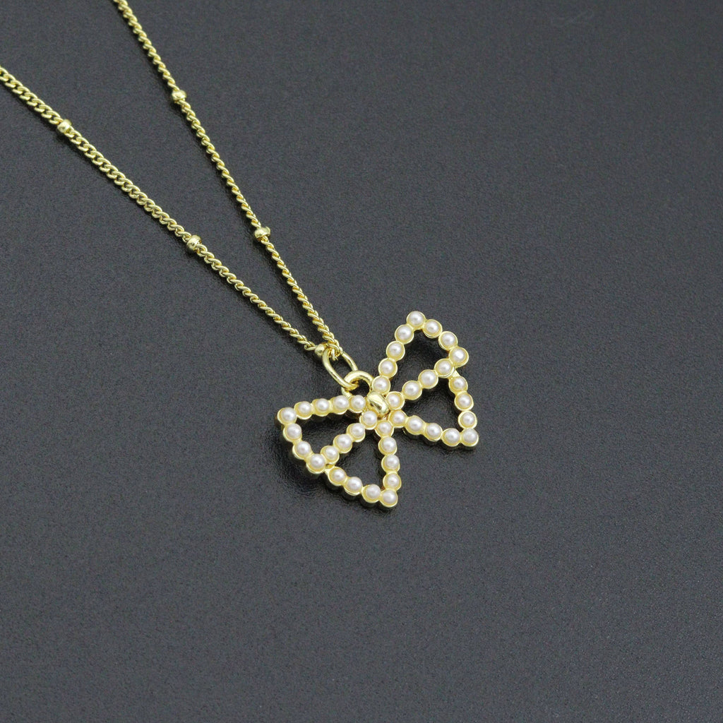 White Pearl Bow Pendant Adjustable Necklace, sku#EF716