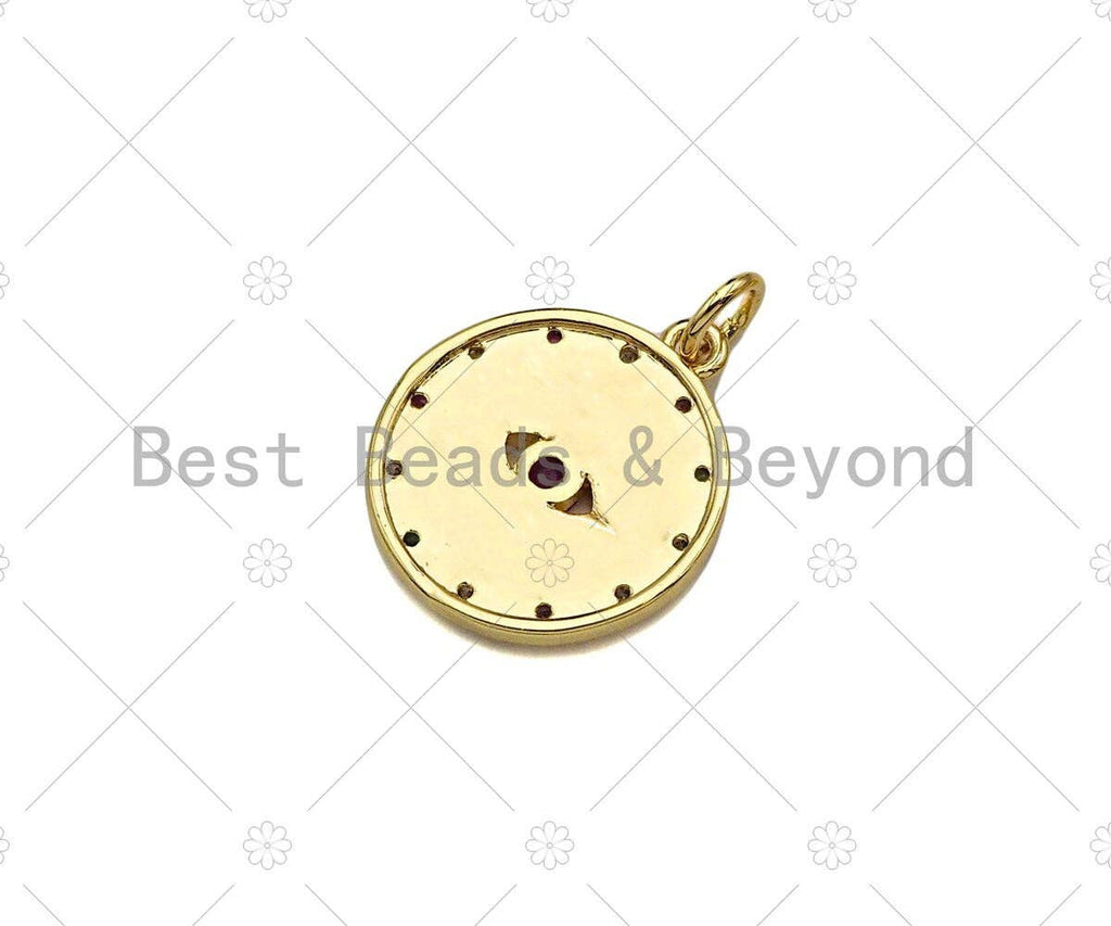 Gold Filled CZ Micro Pave Fuchsia Evil Eye On Round Coin Shape Pendant, 18K Gold Filled Charm, Necklace Bracelet Pendant, 16x18mm, Sku#Y437