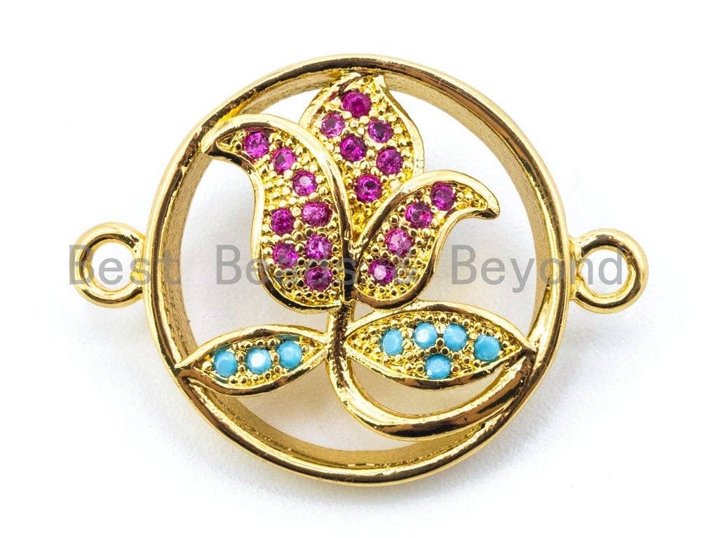 CZ Micro Pave  Fuchsia Turquoise Flower in a Ring Connector, Cubic Zirconia Spacer Connector,Pave Findings, 16x21mm, sku#M112