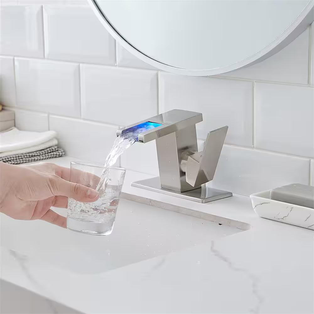 Single Handle Single Hole LED Bathroom Faucet with Deckplate Included Waterfall Bathroom Sink Faucets in Brushed Nickel