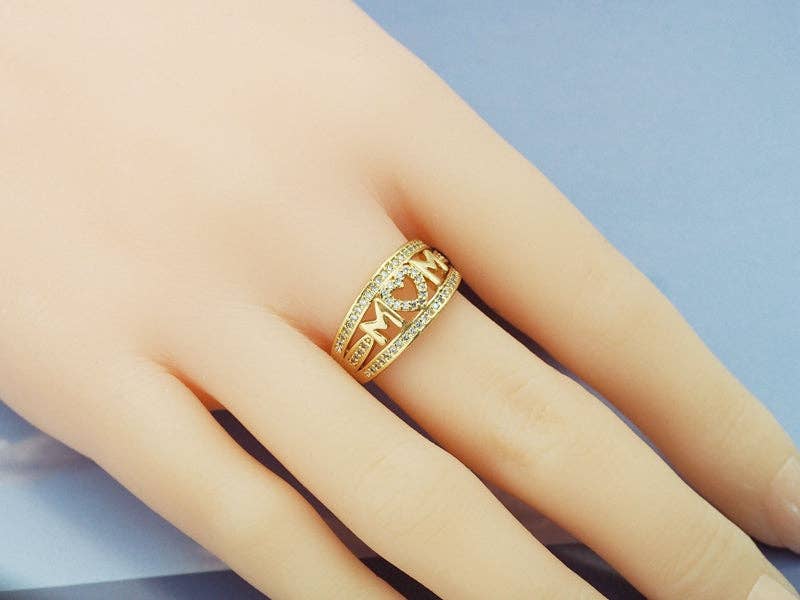 CZ Pave Gold Mom Heart Ring, Sku#LD342