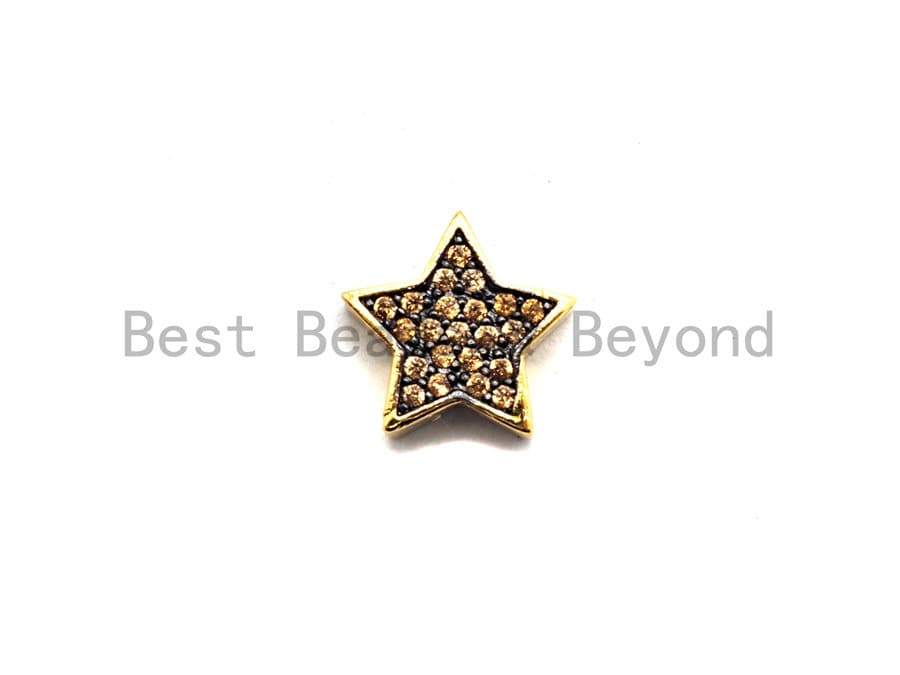 CZ Micro Pave Five Point Star Beads, Fuchsia/Turquoise/Cobalt/Black/Green/Champagne Gold  Plated Beads, Bracelet Beads, 11mm, sku#E449