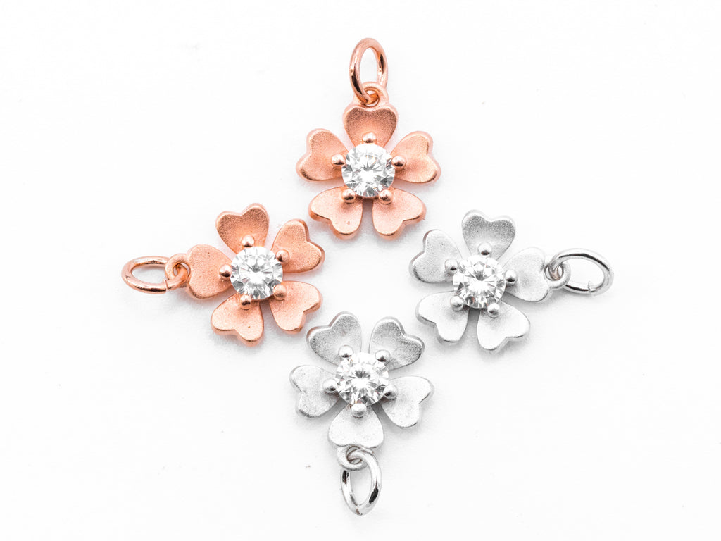 CZ Clear Pave Flower Pendant/Charm, Matte Finish Flower, Cubic Zirconia Charm/Pendant, 11x12mm, sku#Y7
