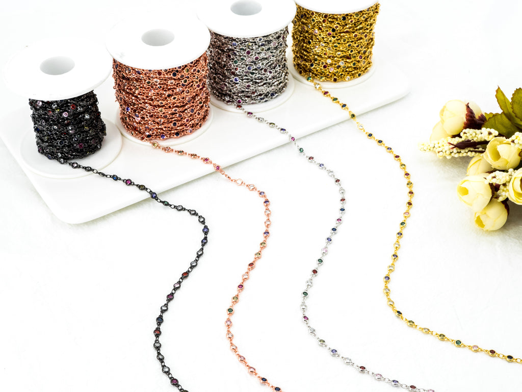 1 Foot/Yard-Multi Colored CZ Beaded Chain-4mm Cubic Zirconia Beads-Gold Silver Rose Gold Gunmetal Plated over Brass-Bezel Chain, sku#E347