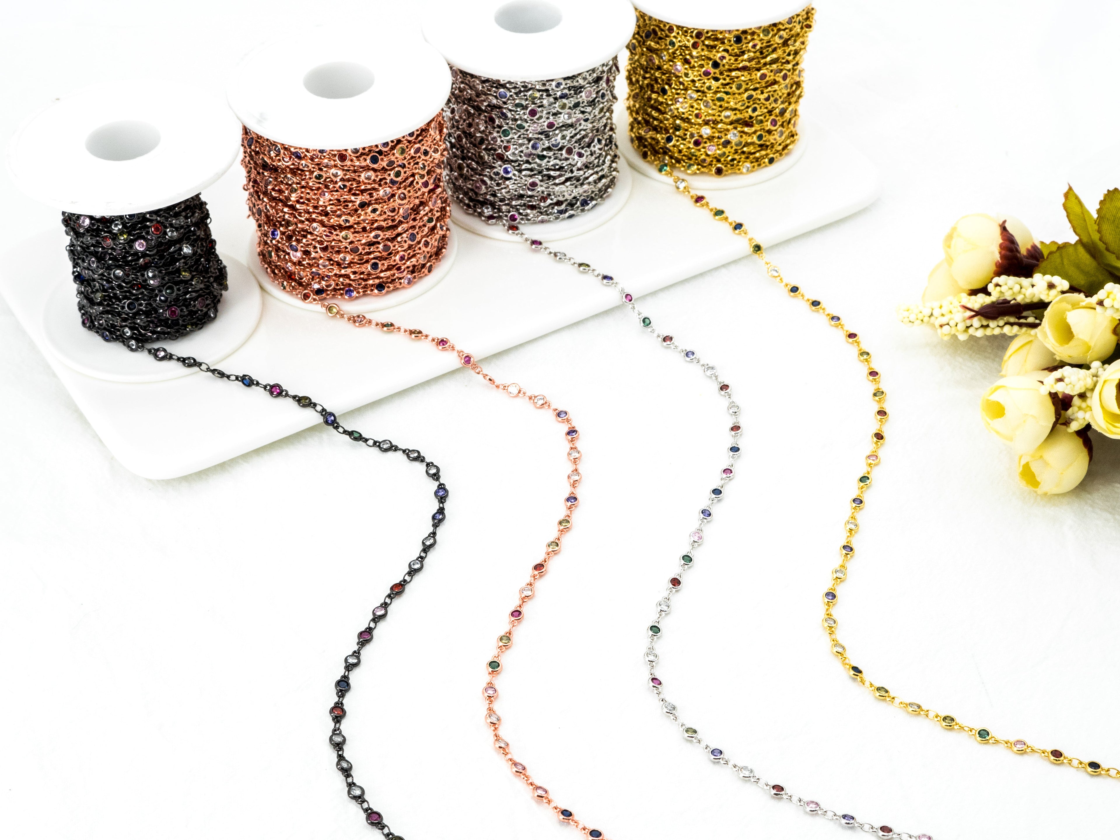 1 Foot/Yard-Multi Colored CZ Beaded Chain-4mm Cubic Zirconia Beads-Gold Silver Rose Gold Gunmetal Plated over Brass-Bezel Chain, sku#E347