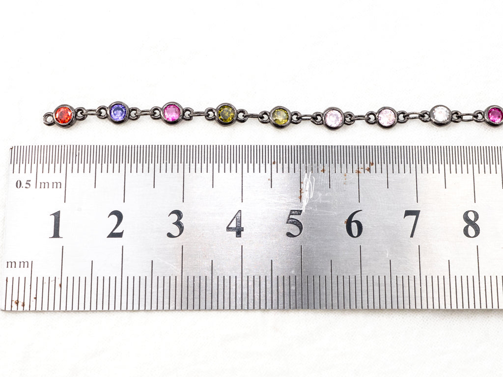 1 Foot/Yard-Multi Colored CZ Beaded Chain-4mm Cubic Zirconia Beads-Gold Silver Rose Gold Gunmetal Plated over Brass-Bezel Chain, sku#E347