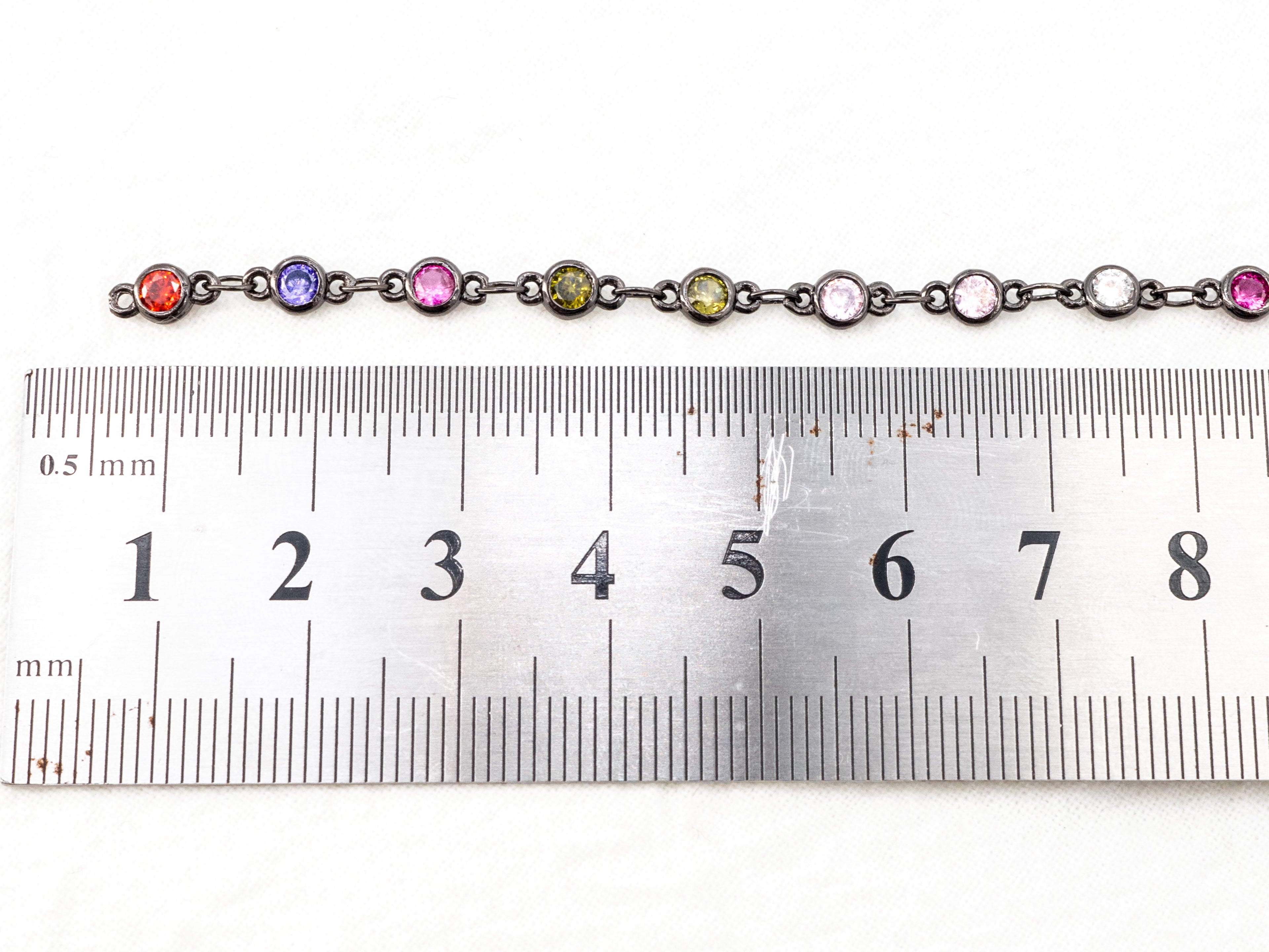 1 Foot/Yard-Multi Colored CZ Beaded Chain-4mm Cubic Zirconia Beads-Gold Silver Rose Gold Gunmetal Plated over Brass-Bezel Chain, sku#E347